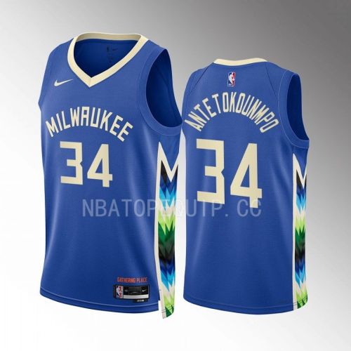 Giannis Antetokounmpo 34 2022-23 Milwaukee Bucks Blue City Edition Jersey Swingman